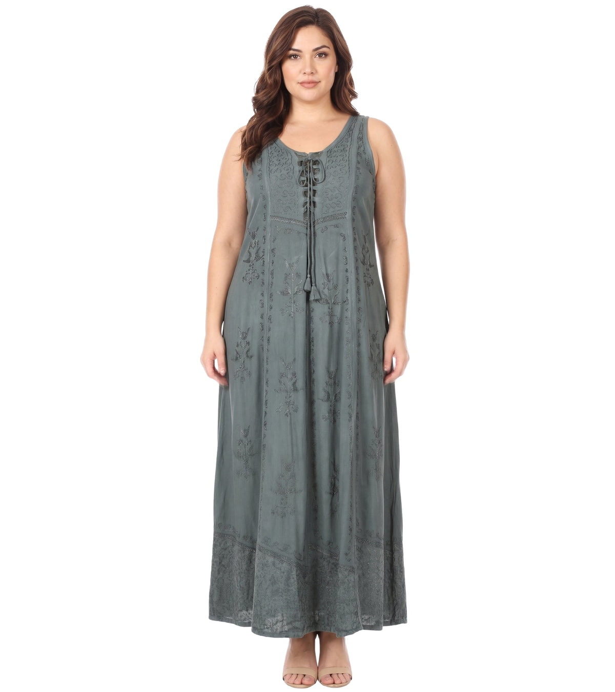 Sakkas Stella Long Tank Top Adjustable Caftan Corset Dress With Embroidery