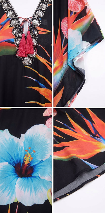 Sakkas Georgettina Flowy Rhinestone V Neck Long Caftan Dress/Cover Up