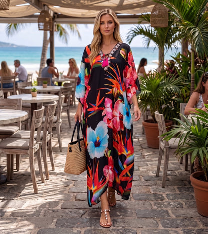 Sakkas Georgettina Flowy Rhinestone V Neck Long Caftan Dress/Cover Up