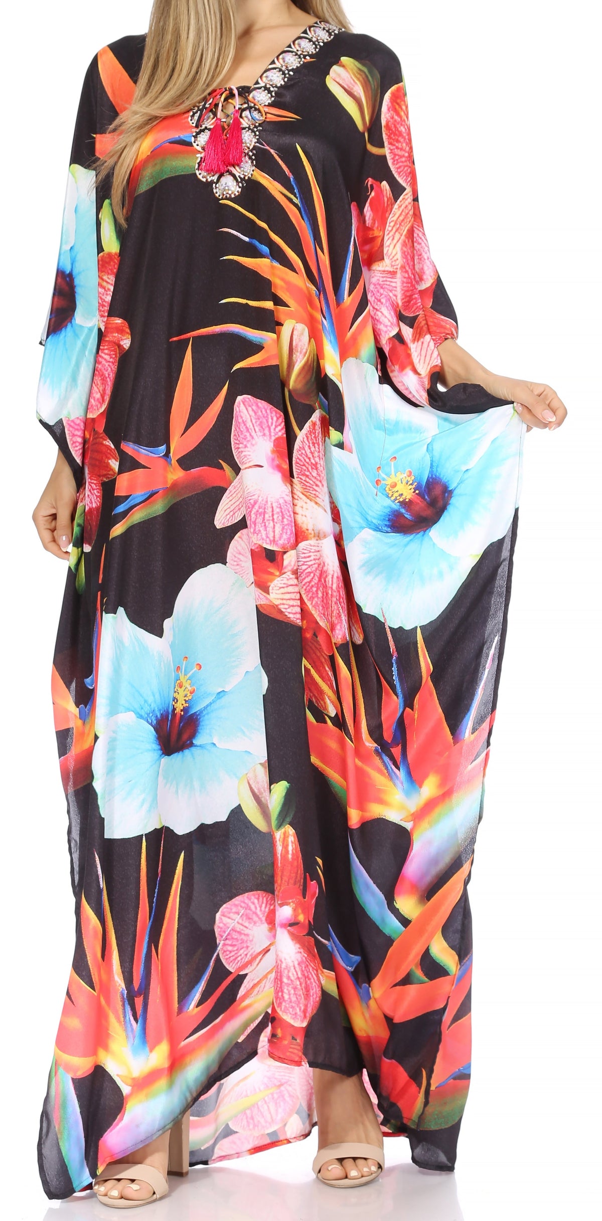 Sakkas Georgettina Flowy Rhinestone V Neck Long Caftan Dress/Cover Up