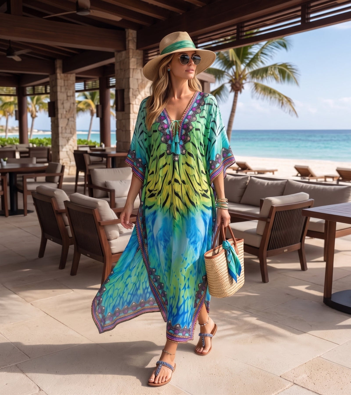 Sakkas Georgettina Flowy Rhinestone V Neck Long Caftan Dress/Cover Up