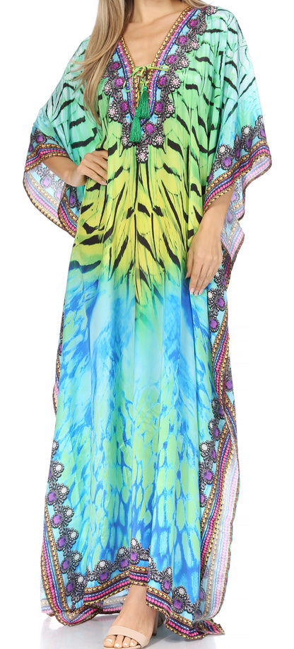 Sakkas Georgettina Flowy Rhinestone V Neck Long Caftan Dress/Cover Up