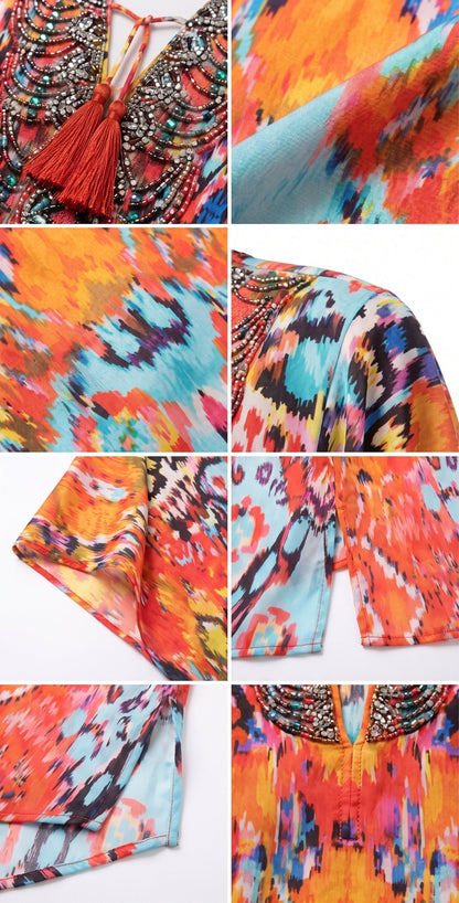 Sakkas Georgettina Flowy Rhinestone V Neck Long Caftan Dress/Cover Up