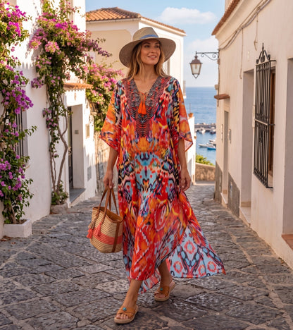 Sakkas Georgettina Flowy Rhinestone V Neck Long Caftan Dress/Cover Up
