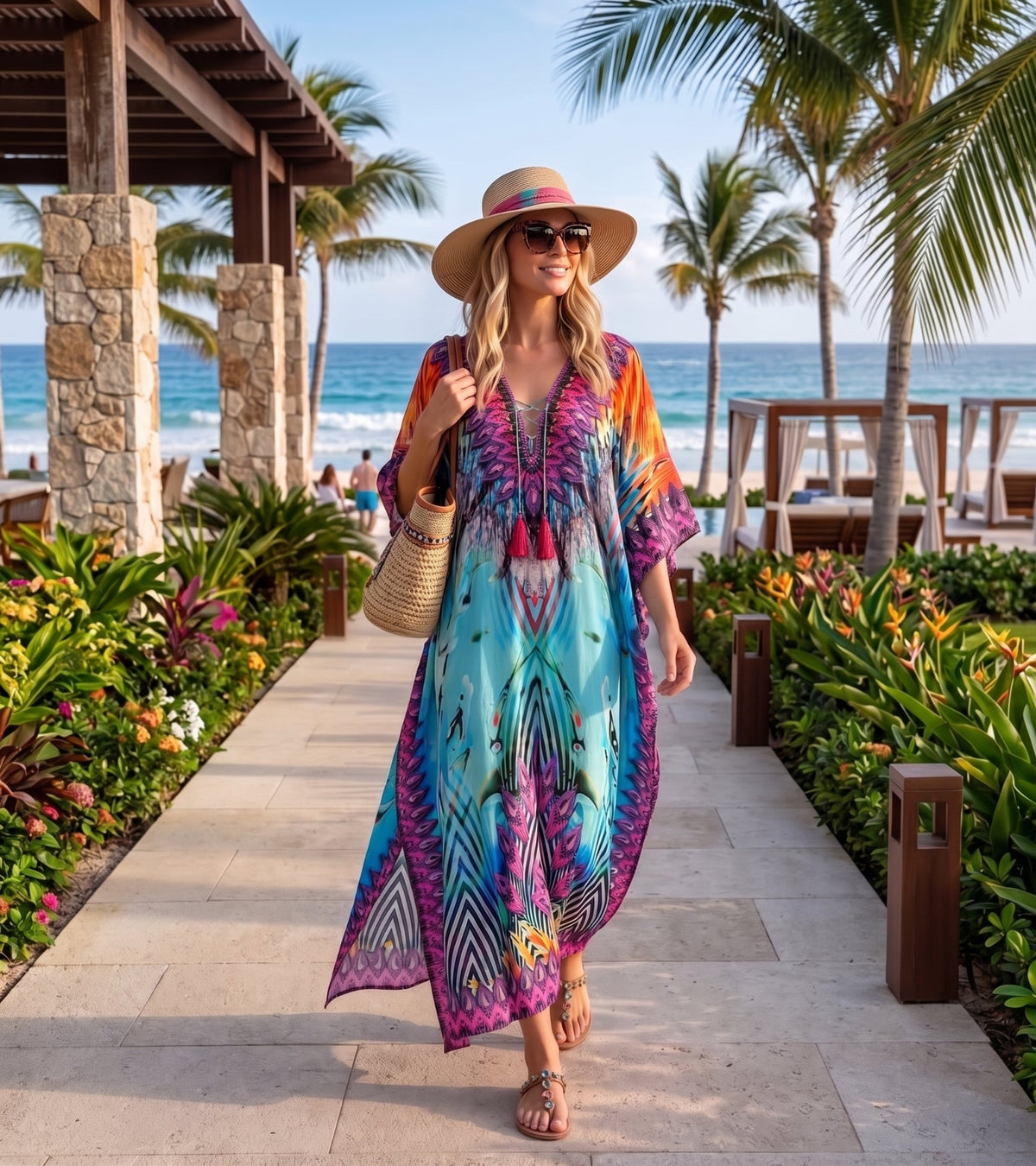 Sakkas Georgettina Flowy Rhinestone V Neck Long Caftan Dress/Cover Up