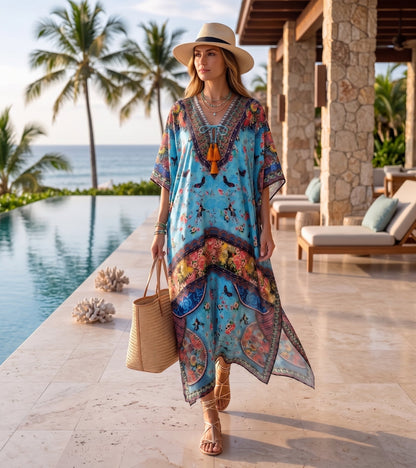 Sakkas Georgettina Flowy Rhinestone V Neck Long Caftan Dress/Cover Up