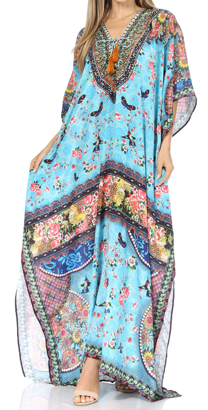 Sakkas Georgettina Flowy Rhinestone V Neck Long Caftan Dress/Cover Up