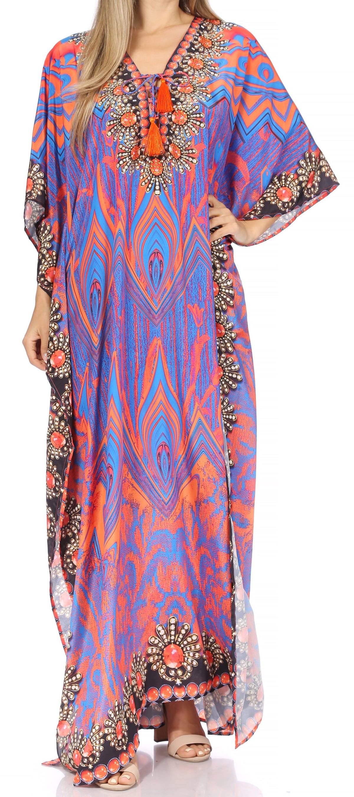 Sakkas Georgettina Flowy Rhinestone V Neck Long Caftan Dress/Cover Up