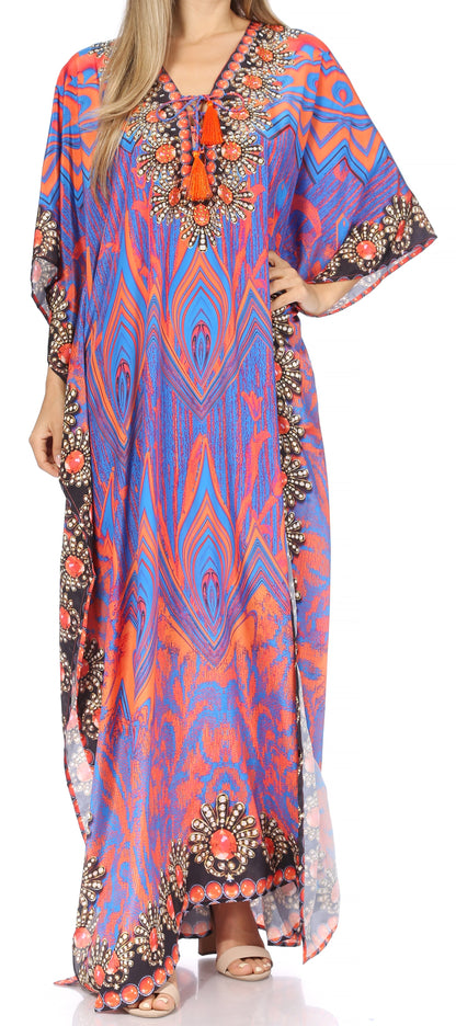 Sakkas Georgettina Flowy Rhinestone V Neck Long Caftan Dress/Cover Up